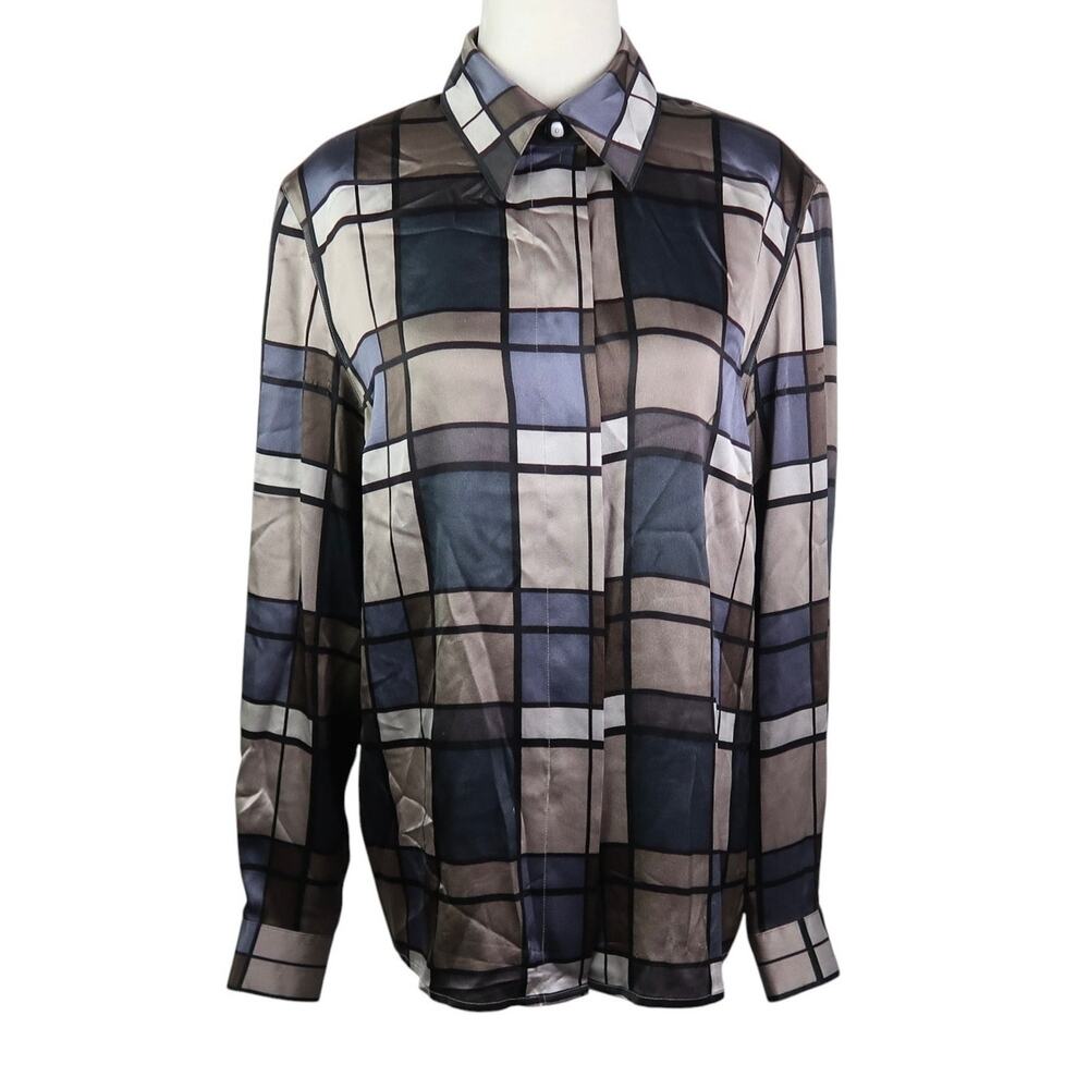 Vintage 90s Starington Grey and Navy Blue Windowpane Grid Print Silk Blouse